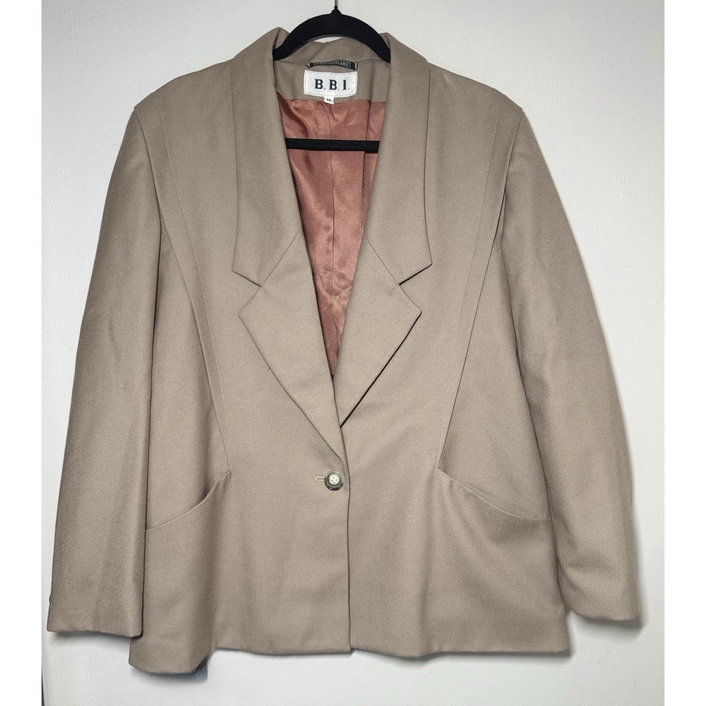 Vintage BBI Wool Blazer Jacket Women's Size 14 Beige Coral Lined Classic 90's
